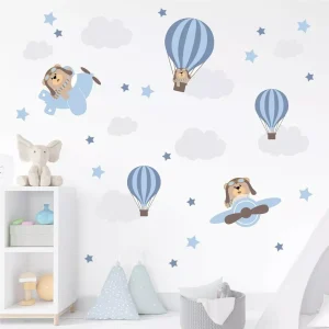 60 Adesivos Para Parede Infantil Ursinho Aviador Balões Nuvens