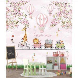 Papel de Parede Adesivo Lavável Infantil Menina Safari Personalizável Com Qualquer Nome